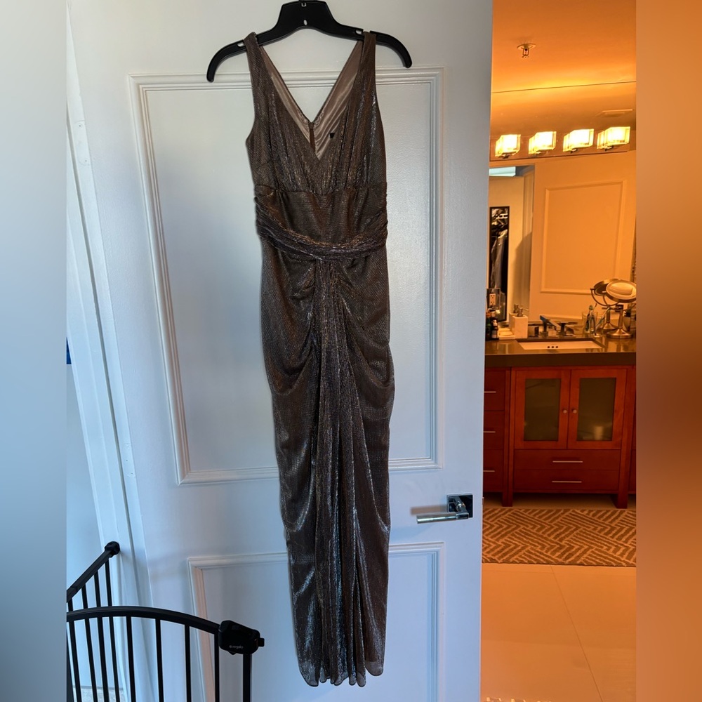 David Meister Brown Ruched Wrap Gown Cocktail